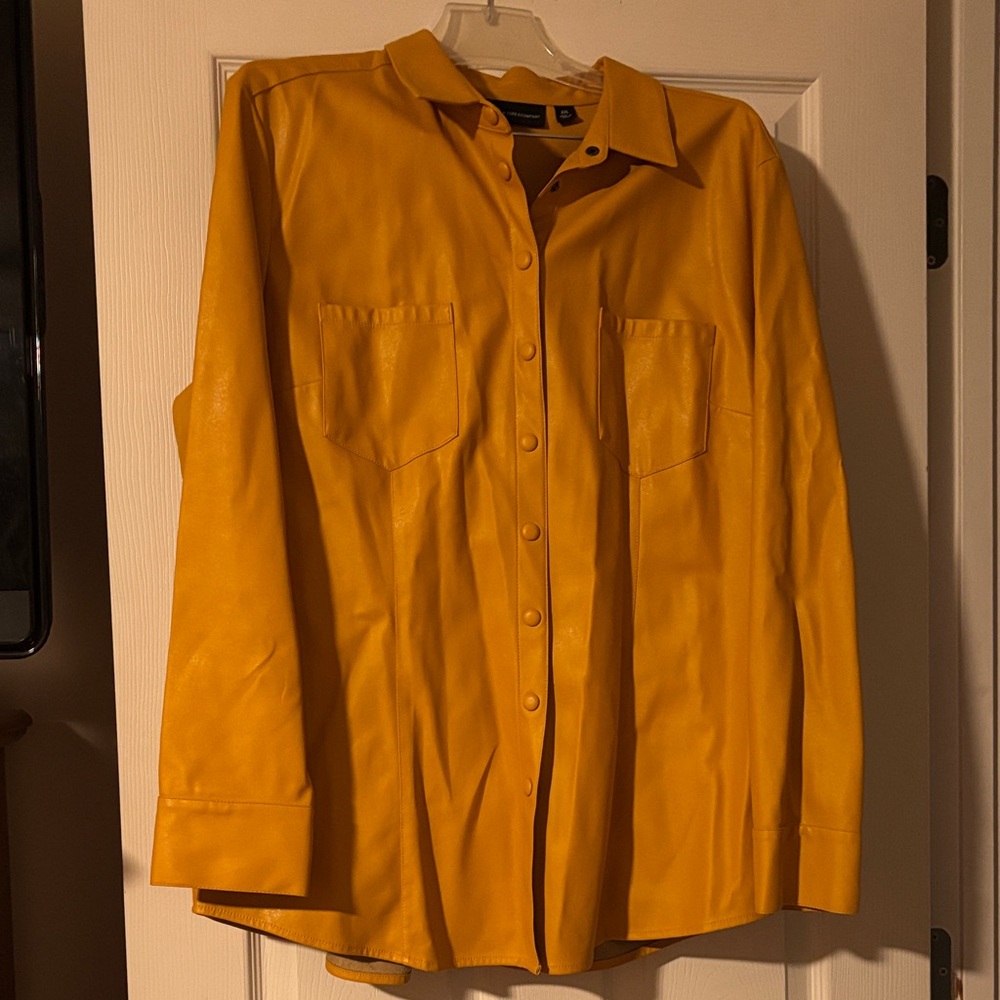 Yellow faux leather snap down shirt size XXL